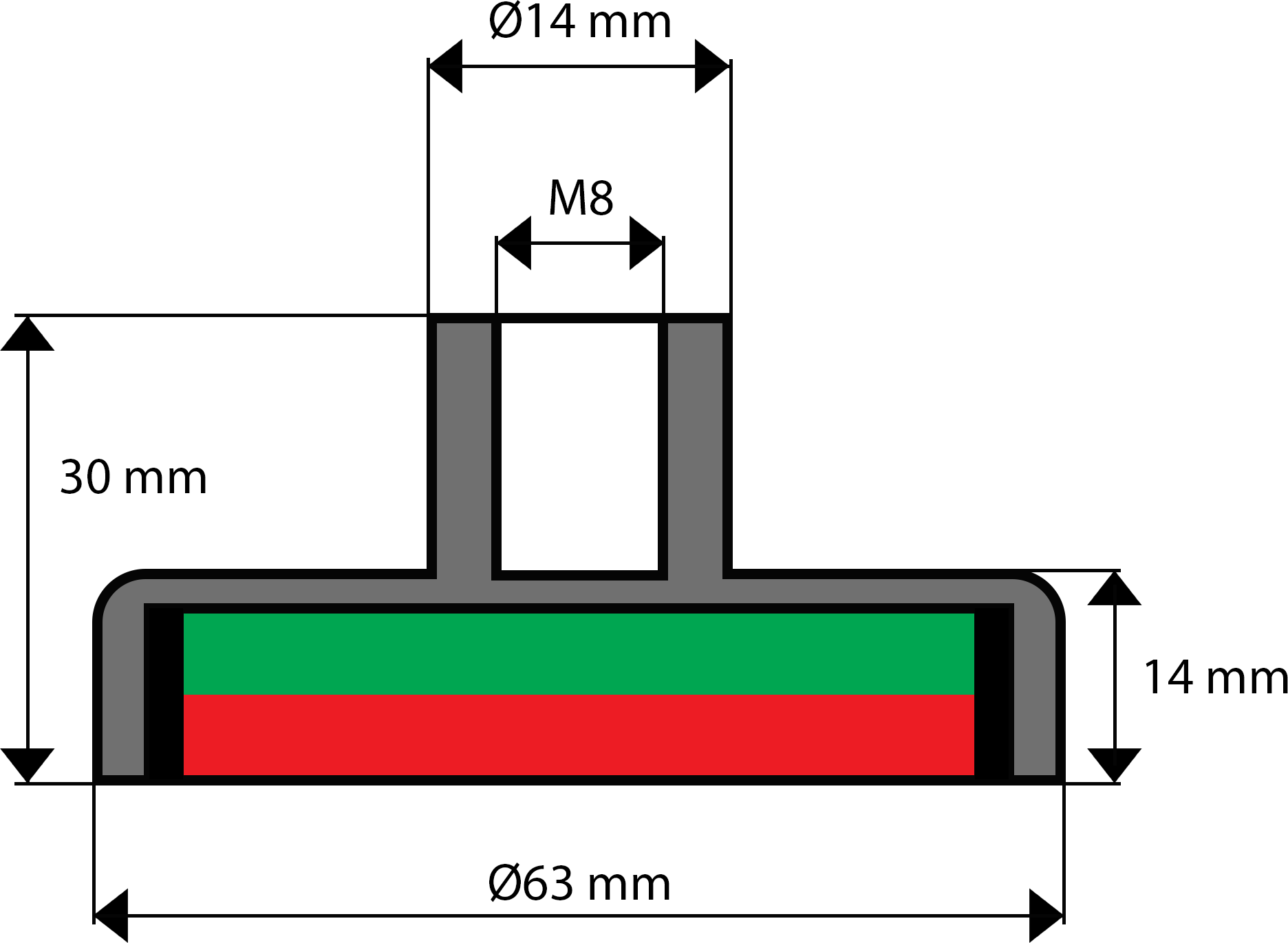 E63F - UM 63 x 14 x M8 wewn. x 30 - uchwyt ferrytowy z haczykiem sufitowym - rysunek techniczny