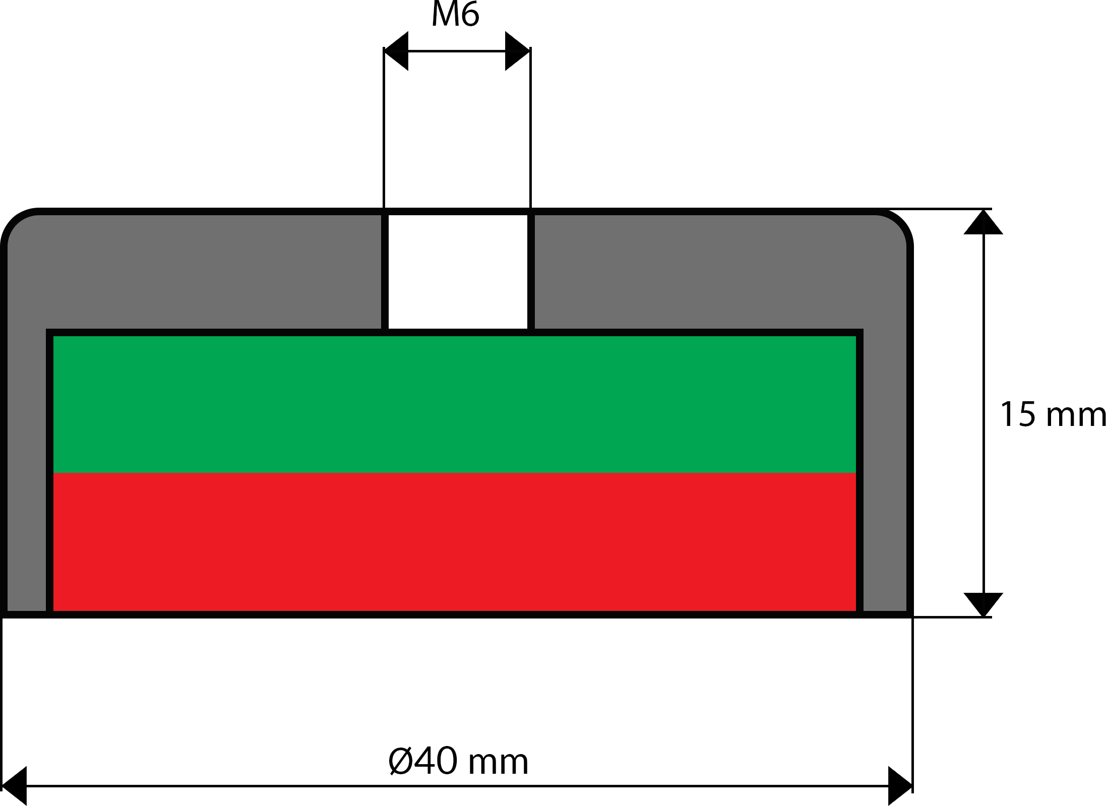 GW 40x15 / M6 Ni - uchwyt neodymowy - rysunek techniczny