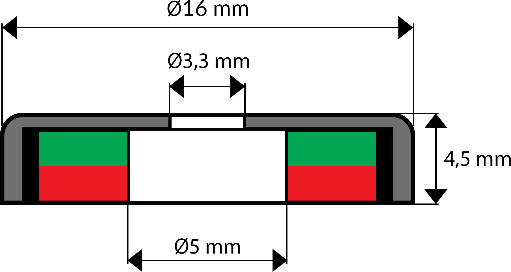 B16F - UM 16 x 5 x 3,3 x 4,5 - uchwyt ferrytowy - rysunek techniczny