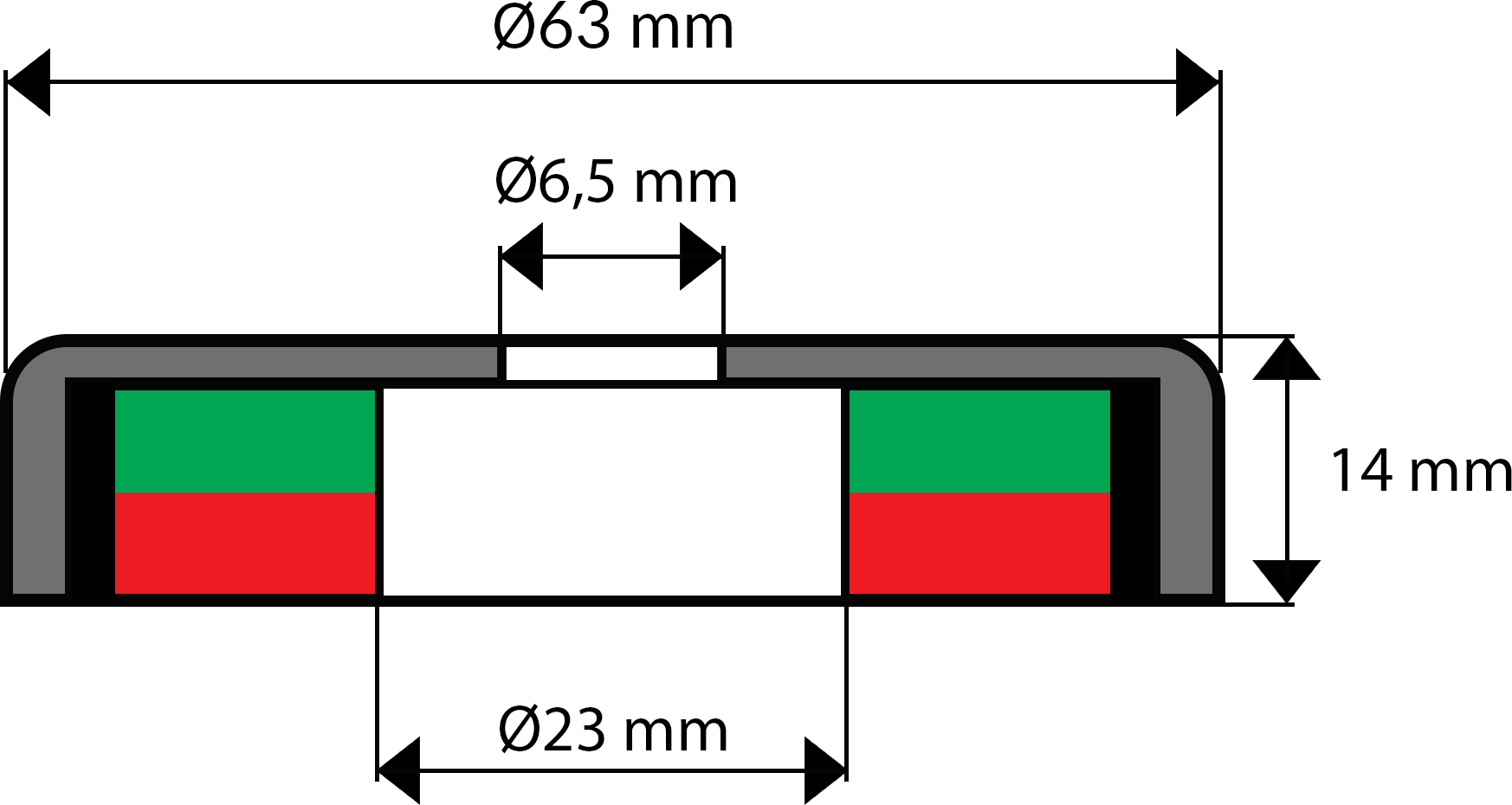 B63F - UM 63 x 23 x 6,5 x 14 - uchwyt ferrytowy - rysunek techniczny