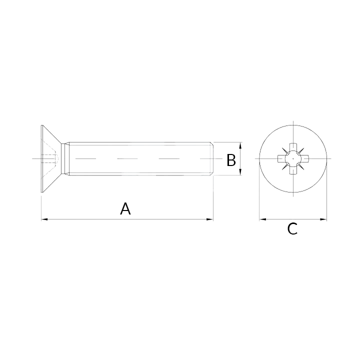 Wkręt metryczny z łbem stożkowym z gwintem na całości - 6 x 30 / INOX - rysunek techniczny