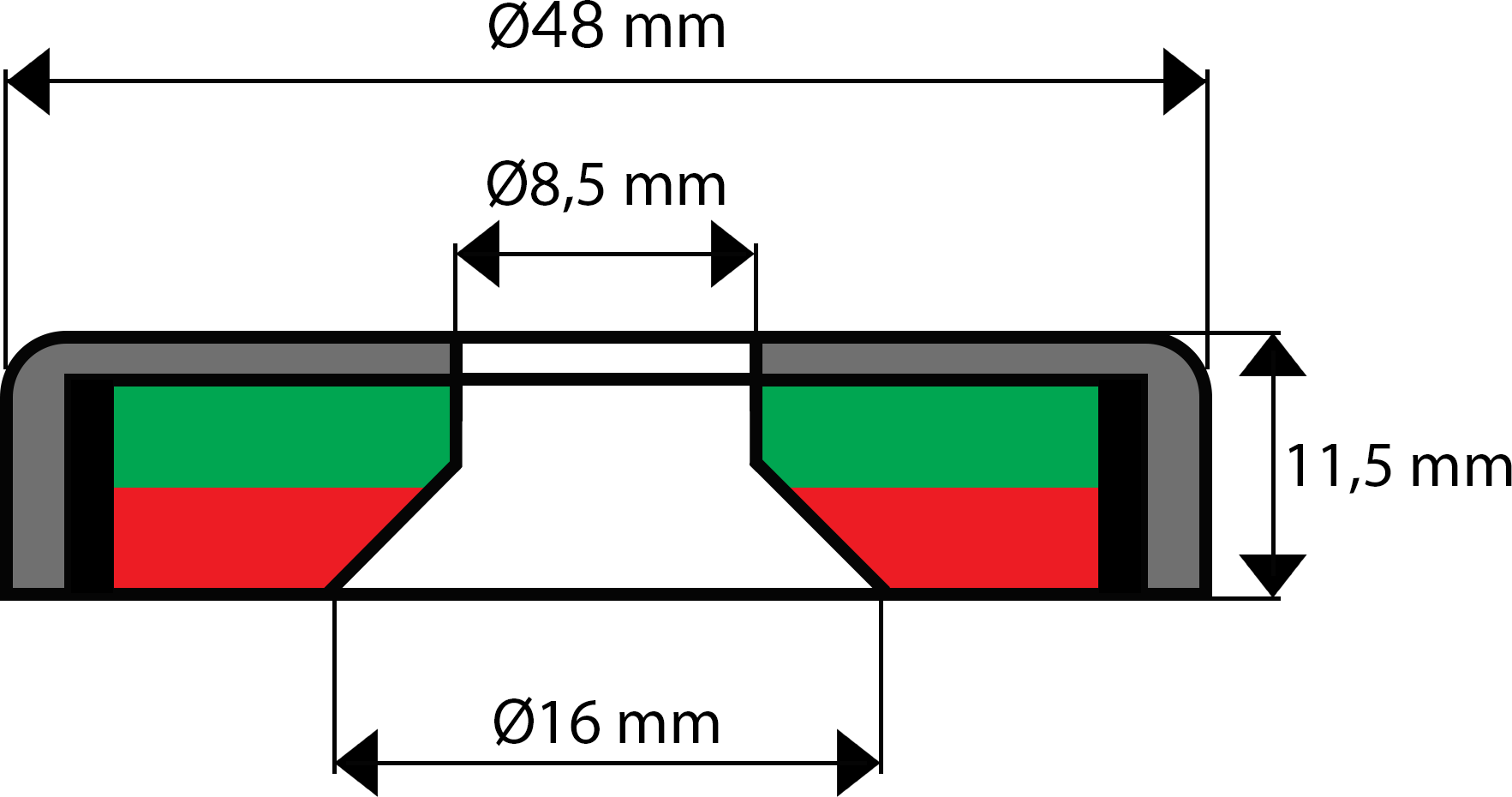 A48 - UM 48 x 16/8,5 x 11,5 - uchwyt neodymowy - rysunek techniczny