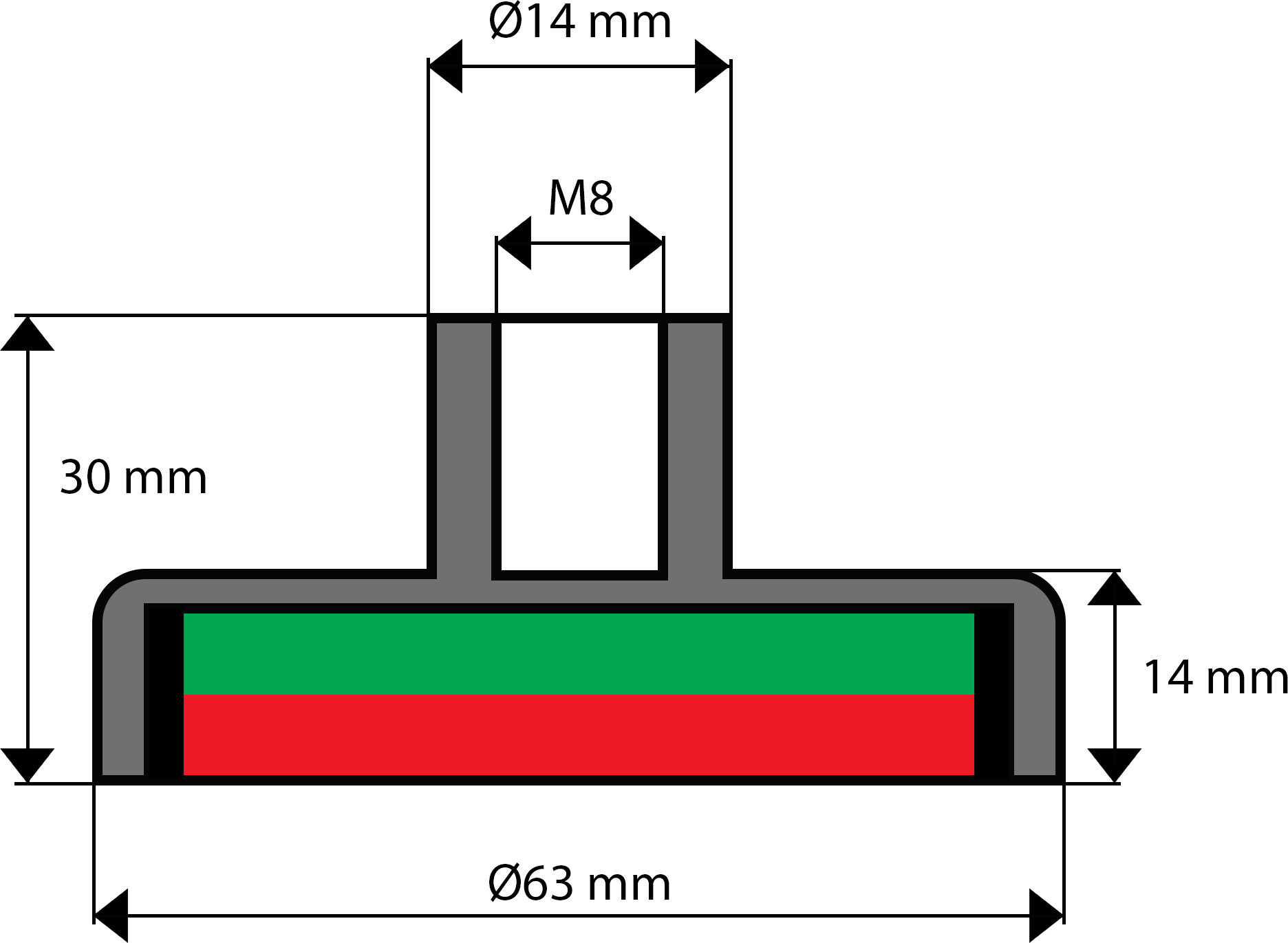 D63F - UM 63 x 14 x M8 wewn. x 30 - uchwyt ferrytowy - rysunek techniczny