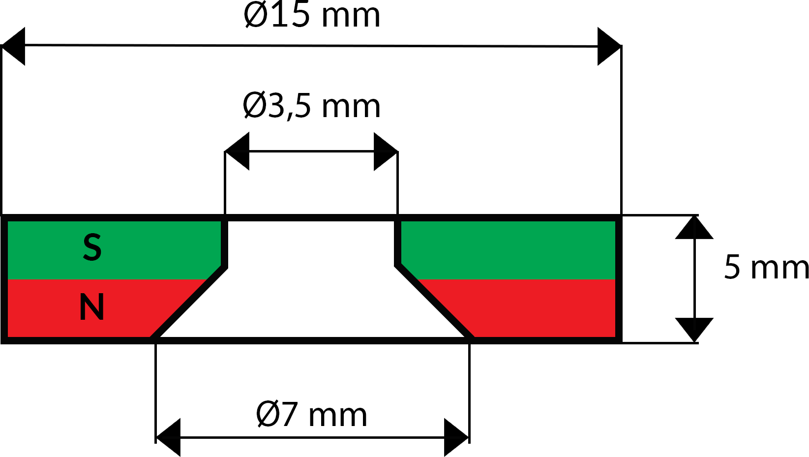 MP 15x7/3,5x5 'N' / N38H - magnes neodymowy pierścieniowy - rysunek techniczny