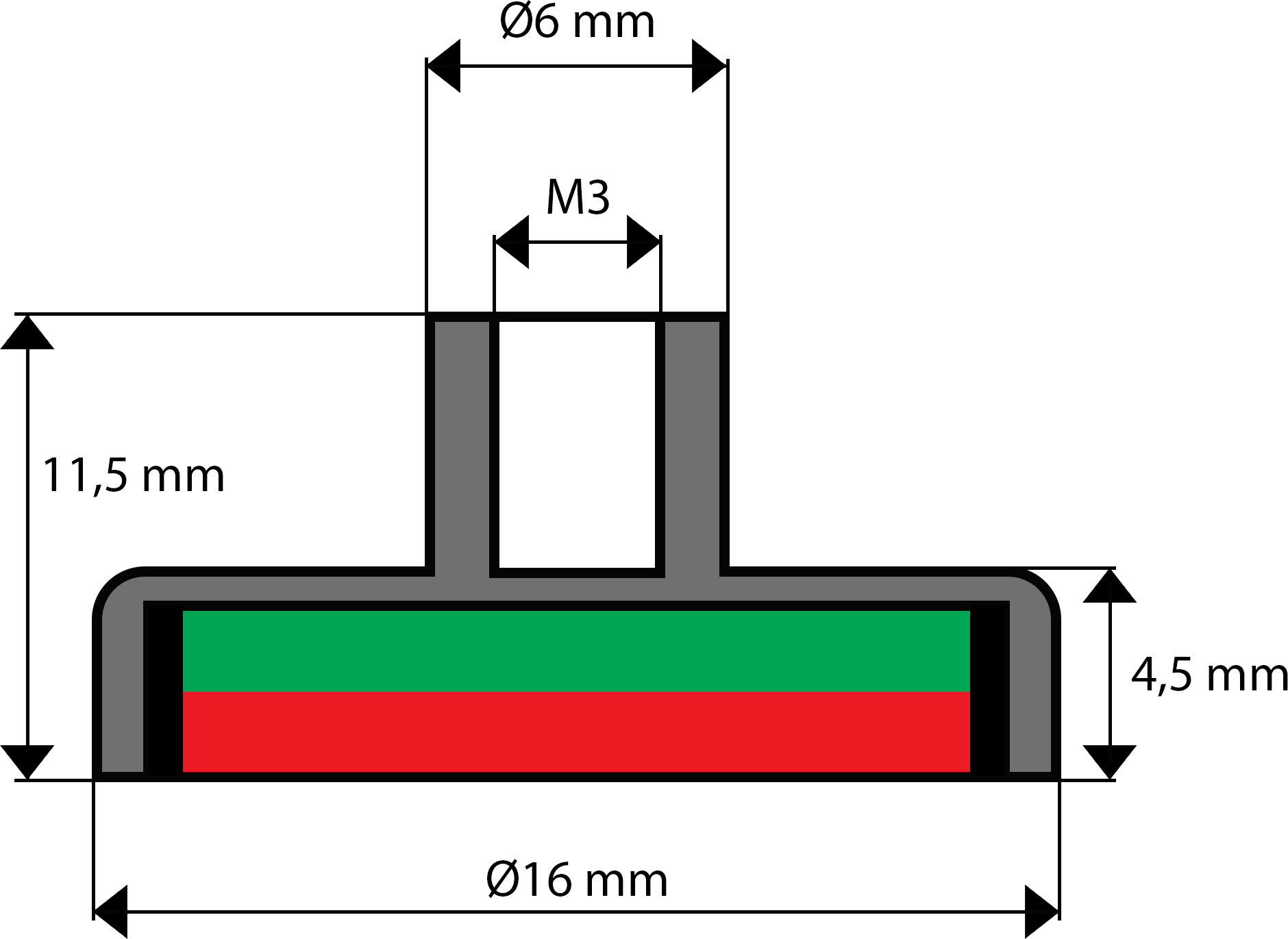 D16F - UM 16 x 4,5 x M3 wewn. x 11,5 - uchwyt ferrytowy - rysunek techniczny