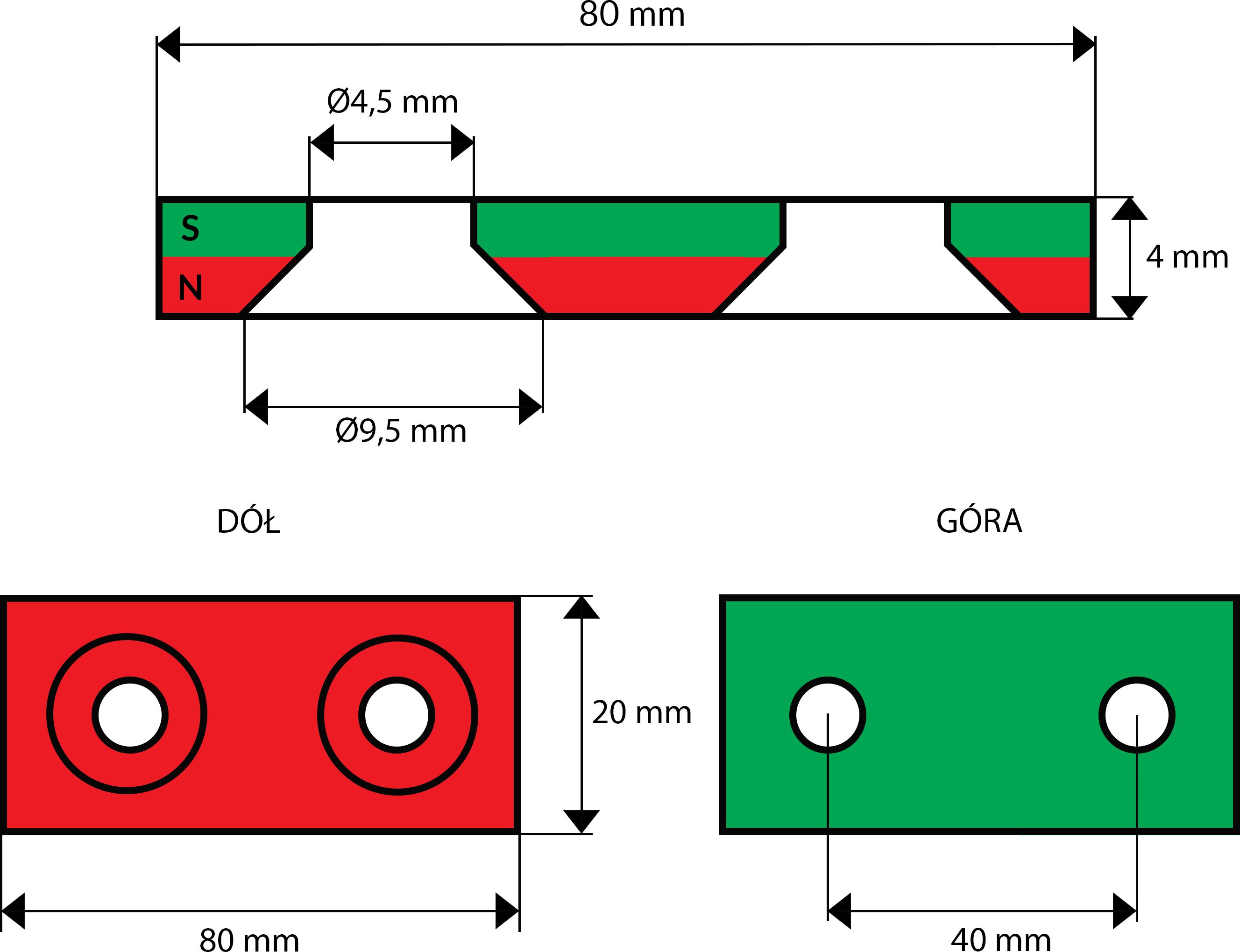 MPŁ 80x20x4 z otworami 'N' / N38 - magnes neodymowy płytkowy - rysunek techniczny