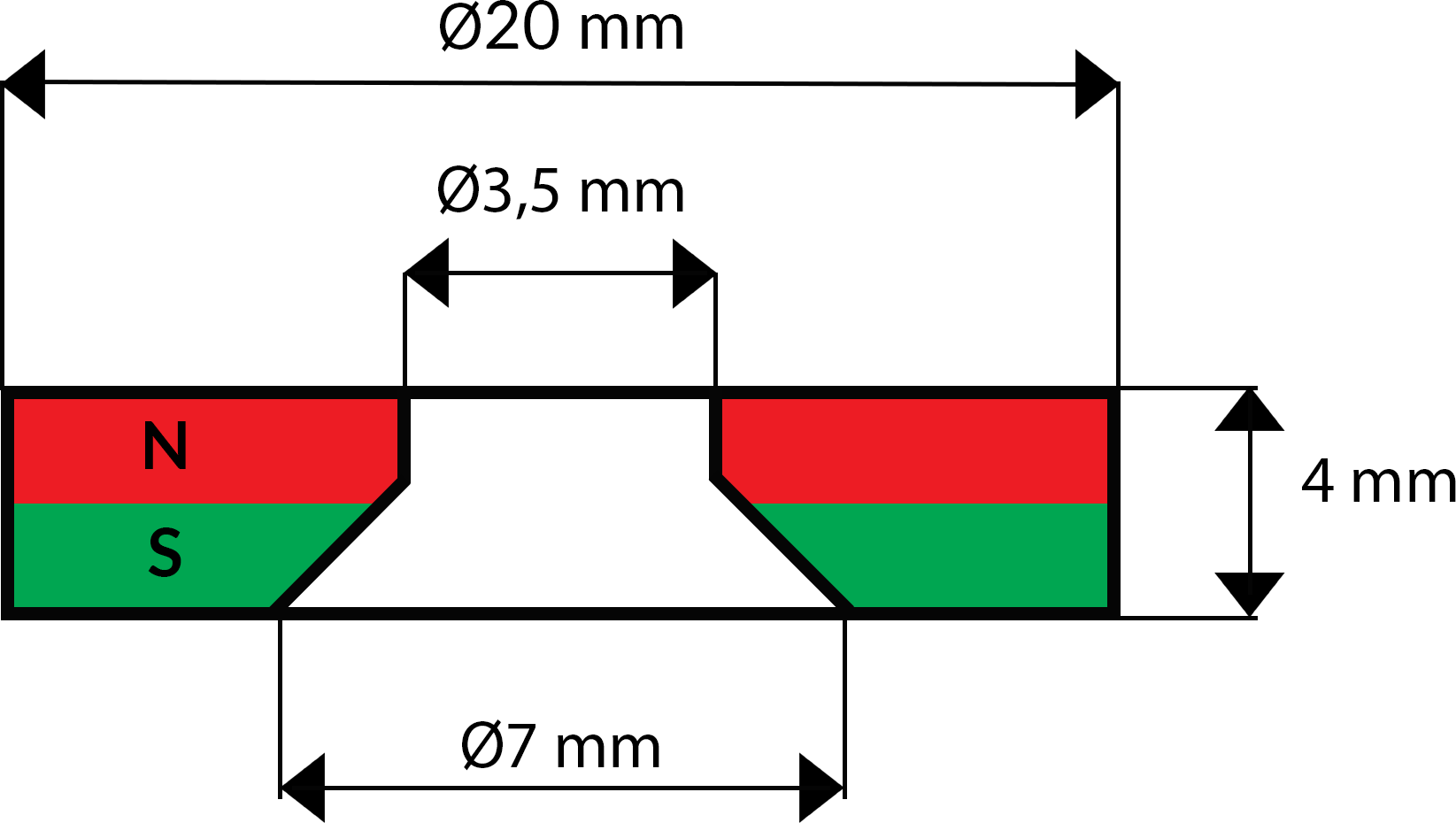 MP 20x7/3,5x4 S / N38 - magnes neodymowy pierścieniowy - rysunek techniczny