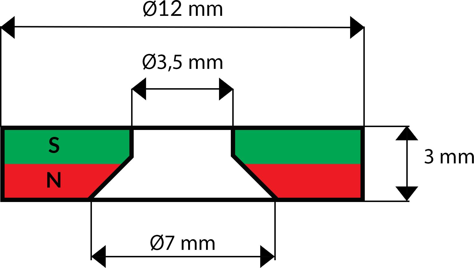MP 12x7/3,5x3 'N' / N38 - magnes neodymowy pierścieniowy - rysunek techniczny