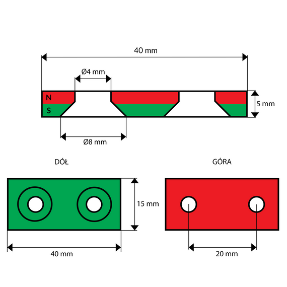 MPŁ 40x15x5 z otworami (8x4 mm) "S" / N38 - magnes neodymowy