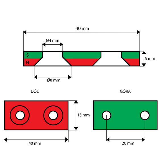 MPŁ 40x15x5 z otworami (8/4 mm) "N" / N38 - magnes neodymowy